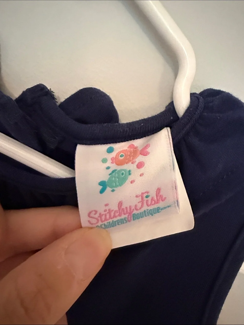 Stitchy Fish Girls Ruffle Tank Dress Size 3T Navy Blue Patriotic Flag Appliqué